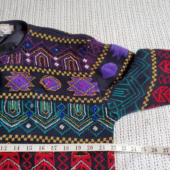 Vintage All Week Cardigan Sweater Women's Large Geometric Embroidered Beaded - Picture 5 of 11